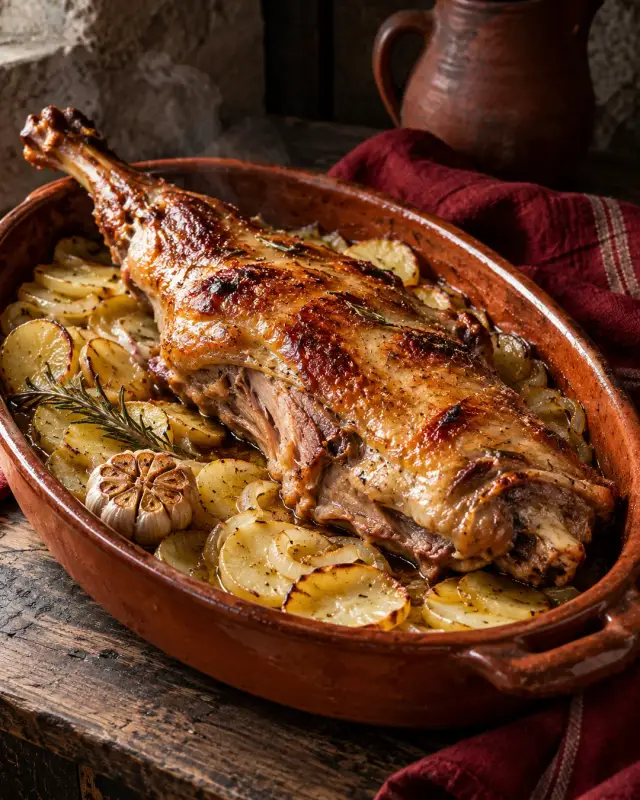Ternasco asado en cazuela de barro con patatas panaderas