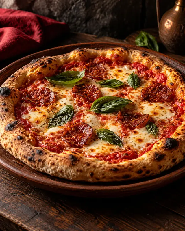 Pizza artesana recién horneada con los bordes tostados